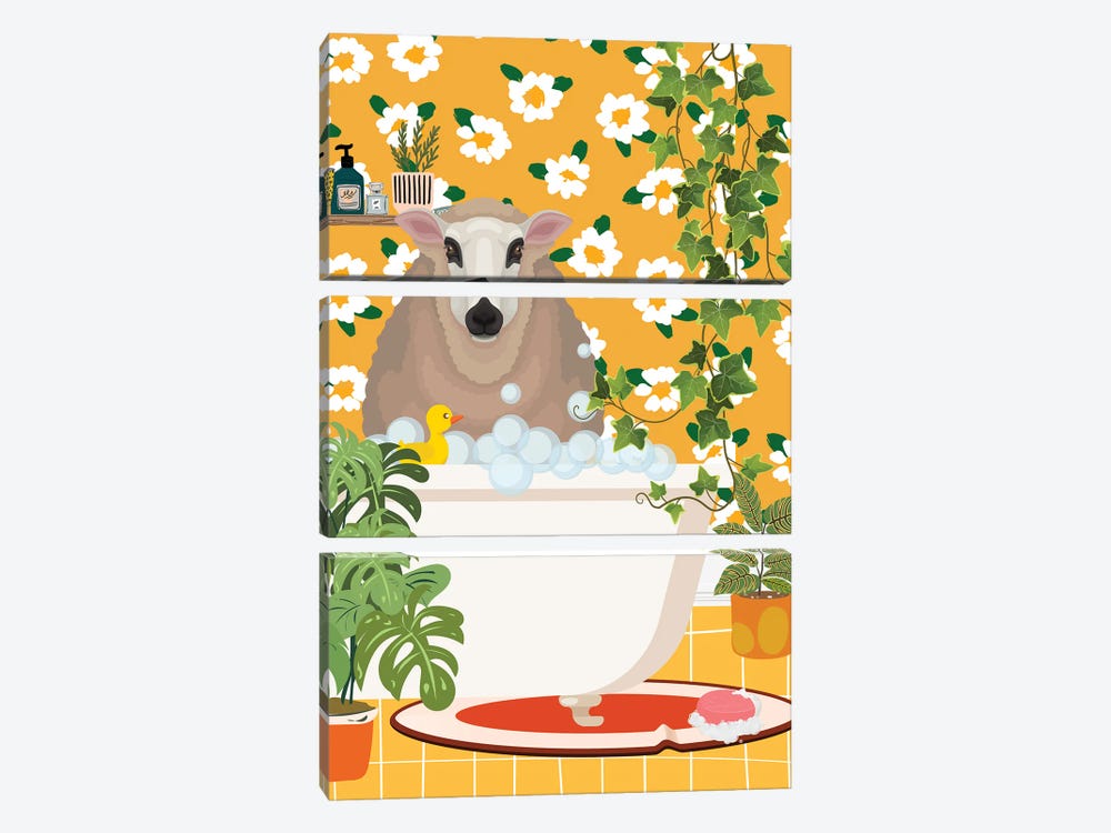 Sheep In Bathtub - Yellow Bathroom by Jania Sharipzhanova 3-piece Canvas Print