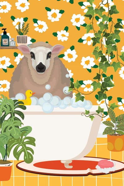 Sheep: Sheep In Bathtub - Yellow Bathroom by Jania Sharipzhanova
