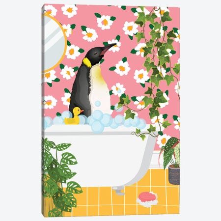 Penguin In Bathtub - Pink Bathroom Canvas Print #SHZ626} by Jania Sharipzhanova Art Print