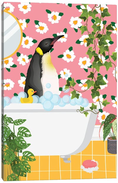 Penguin In Bathtub - Pink Bathroom Canvas Art Print - Jania Sharipzhanova