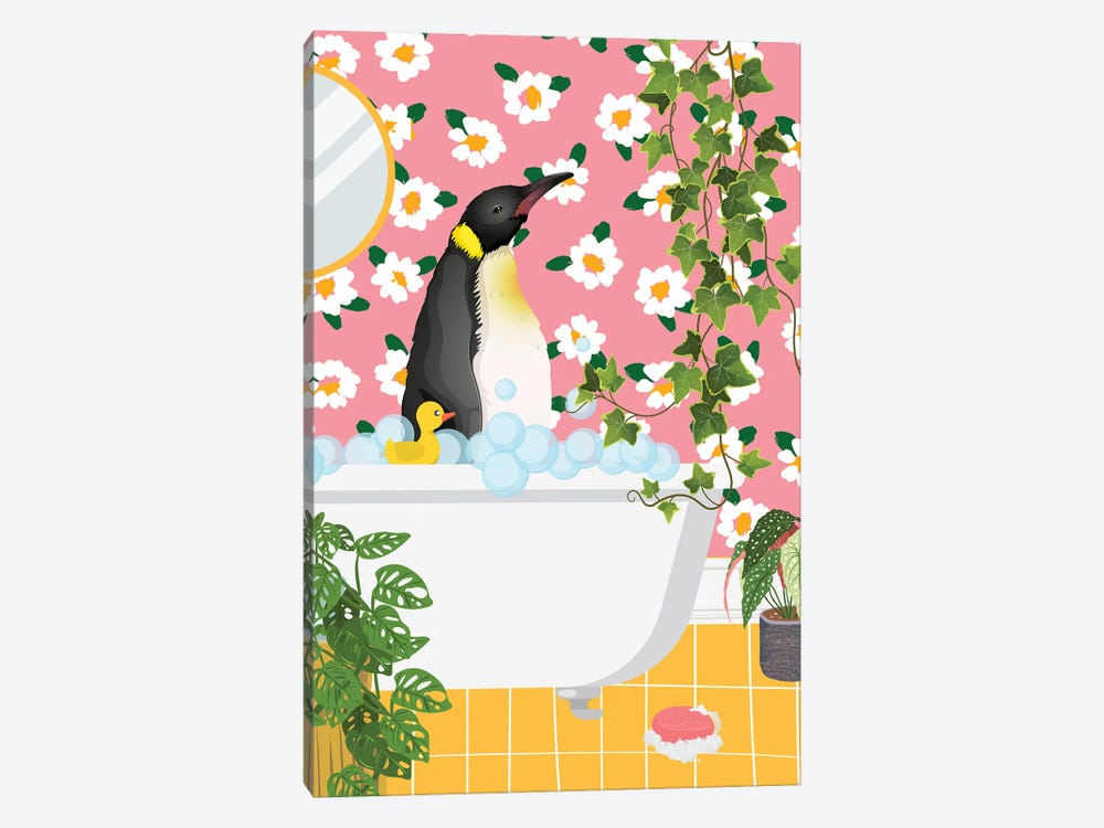Penguin In Bathtub - Pink Bathroom by Jania Sharipzhanova 1-piece Canvas Artwork
