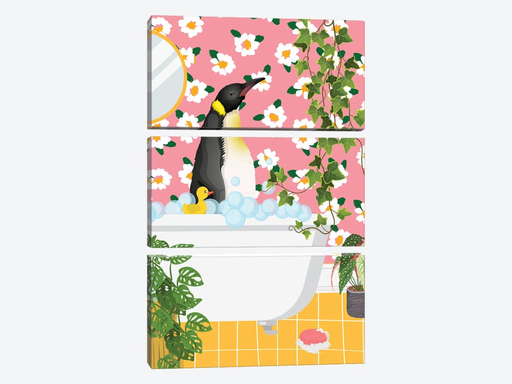 Penguin In Bathtub - Pink Bathroom by Jania Sharipzhanova 3-piece Canvas Artwork