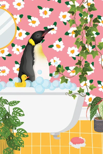 Jania Sharipzhanova: Penguin In Bathtub - Pink Bathroom by Jania Sharipzhanova