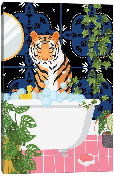 Tiger In Bathtub - Moroccan Tile Canvas Art Print - Kids Bathroom Art