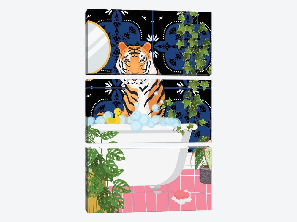 Tiger In Bathtub - Moroccan Tile by Jania Sharipzhanova 3-piece Canvas Art Print