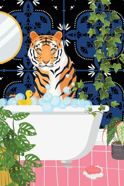 Kids Animal Art: Tiger In Bathtub - Moroccan Tile by Jania Sharipzhanova