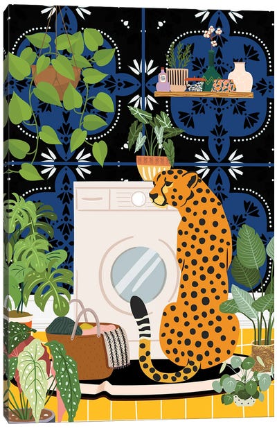 Cheetah In Laundry Room - Moroccan Tile Canvas Art Print - Plant Mom