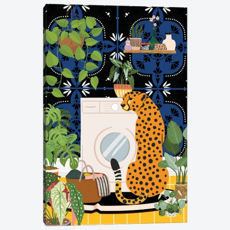 Cheetah In Laundry Room - Moroccan Tile Canvas Print #SHZ628} by Jania Sharipzhanova Canvas Wall Art