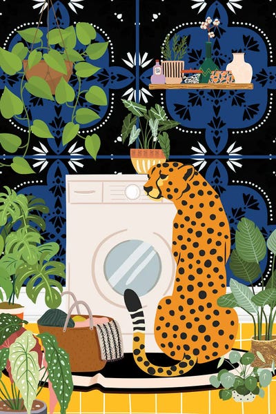 Cheetahs: Cheetah In Laundry Room - Moroccan Tile by Jania Sharipzhanova