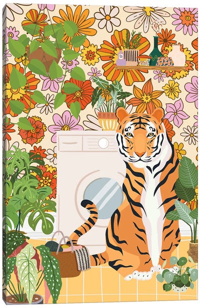 Tiger In Groovy Laundry Room Canvas Art Print - Jania Sharipzhanova