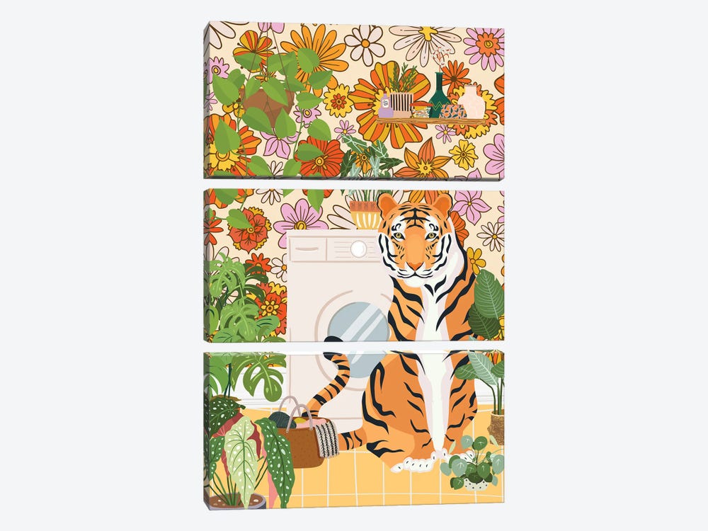 Tiger In Groovy Laundry Room by Jania Sharipzhanova 3-piece Art Print