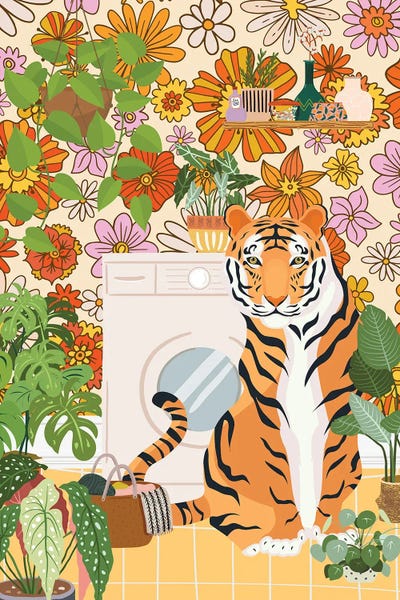 Jania Sharipzhanova: Tiger In Groovy Laundry Room by Jania Sharipzhanova