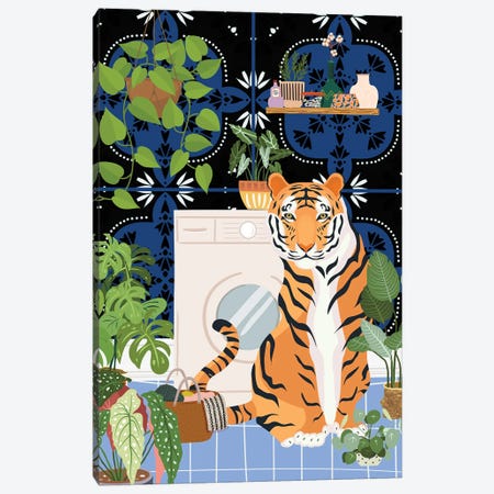 Tiger In Laundry Room - Moroccan Tile Canvas Print #SHZ631} by Jania Sharipzhanova Art Print