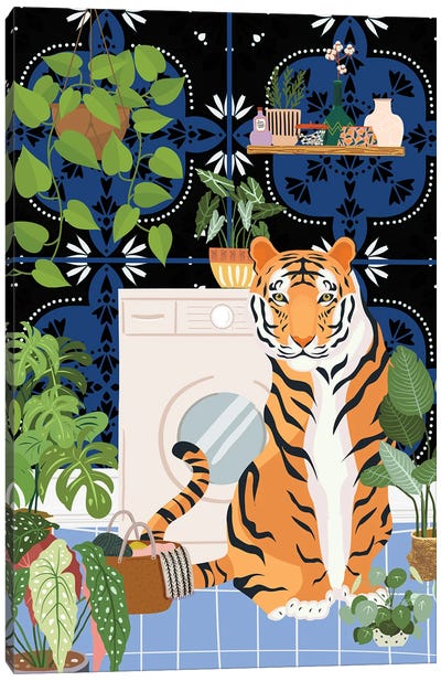Tiger In Laundry Room - Moroccan Tile Canvas Art Print - Jania Sharipzhanova