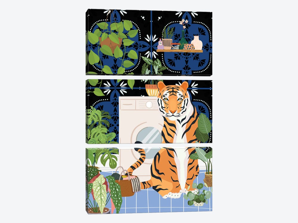 Tiger In Laundry Room - Moroccan Tile by Jania Sharipzhanova 3-piece Canvas Wall Art