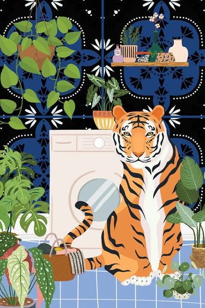 Jania Sharipzhanova: Tiger In Laundry Room - Moroccan Tile by Jania Sharipzhanova