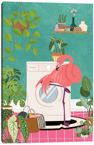 Flamingo In Boho Laundry Room Canvas Art Print - Jania Sharipzhanova