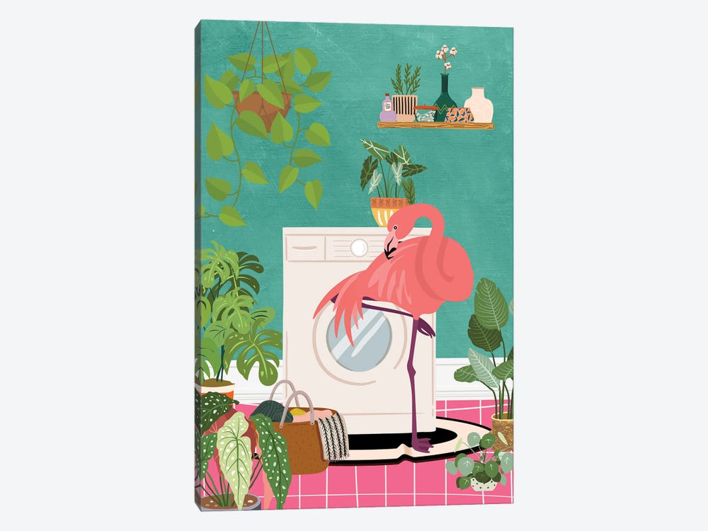 Flamingo In Boho Laundry Room by Jania Sharipzhanova 1-piece Canvas Wall Art