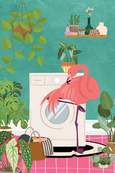 Jania Sharipzhanova: Flamingo In Boho Laundry Room by Jania Sharipzhanova