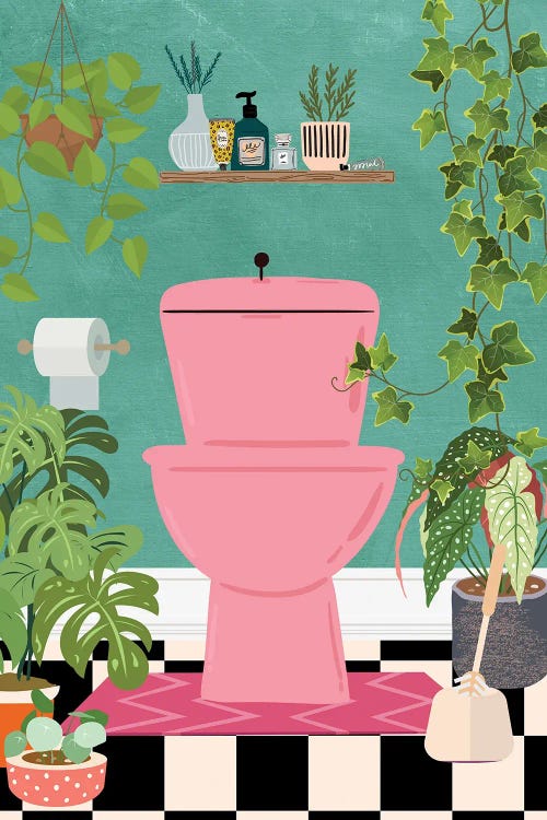 Pink Toilet In Botanical Bathroom