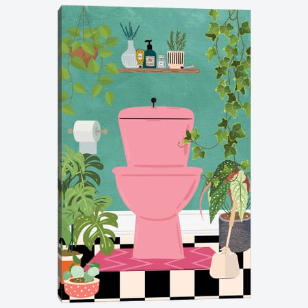 Pink Toilet In Botanical Bathroom Canvas Print #SHZ642} by Jania Sharipzhanova Canvas Wall Art