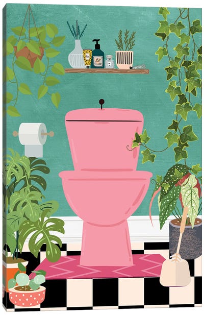 Pink Toilet In Botanical Bathroom Canvas Art Print - Jania Sharipzhanova