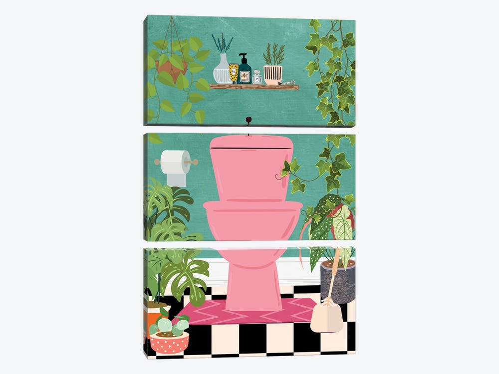 Pink Toilet In Botanical Bathroom by Jania Sharipzhanova 3-piece Canvas Artwork