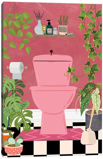 Toilet In Pink Bathroom Canvas Art Print - Jania Sharipzhanova