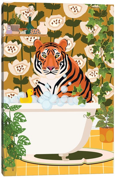 Lion In Bathtub - Mid Century Bathroom Canvas Art Print - Jania Sharipzhanova