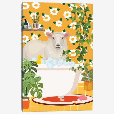Sheep In Bathtub - Botanical Bathroom Canvas Print #SHZ649} by Jania Sharipzhanova Canvas Wall Art