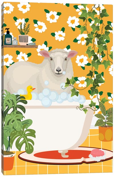 Sheep In Bathtub - Botanical Bathroom Canvas Art Print - Jania Sharipzhanova
