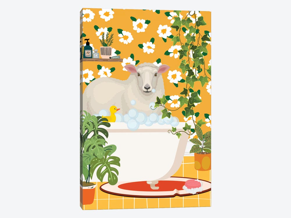 Sheep In Bathtub - Botanical Bathroom by Jania Sharipzhanova 1-piece Canvas Print