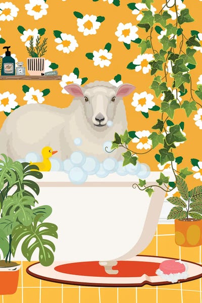 Sheep: Sheep In Bathtub - Botanical Bathroom by Jania Sharipzhanova
