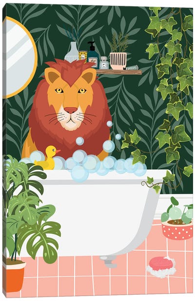 Lion In Bathtub - Tropical Bathroom Canvas Art Print - Jania Sharipzhanova