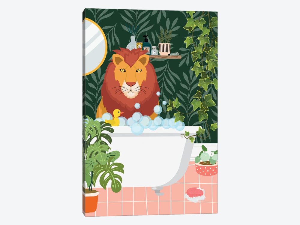 Lion In Bathtub - Tropical Bathroom by Jania Sharipzhanova 1-piece Canvas Print