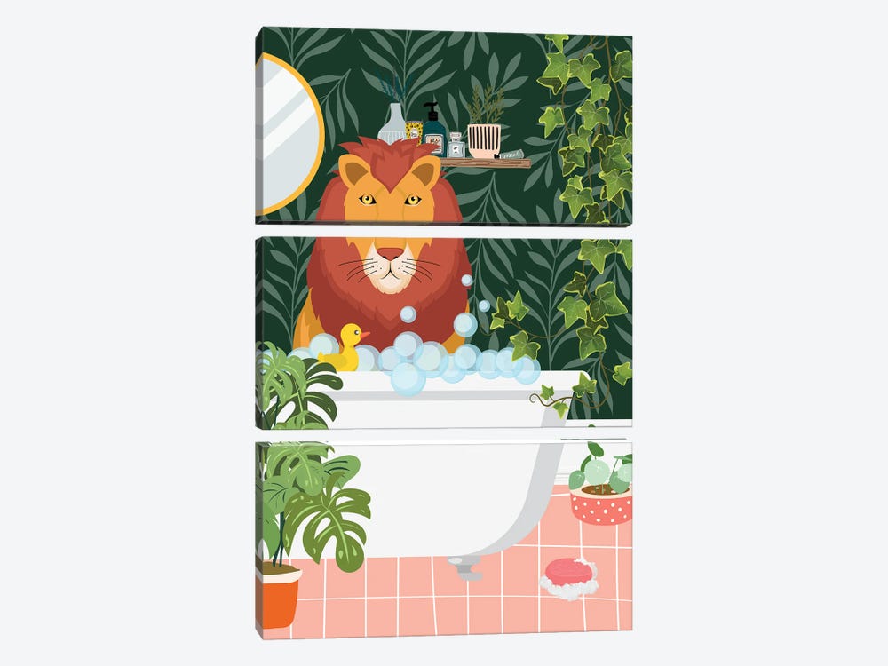 Lion In Bathtub - Tropical Bathroom by Jania Sharipzhanova 3-piece Art Print