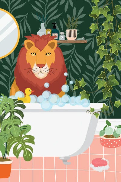 Jania Sharipzhanova: Lion In Bathtub - Tropical Bathroom by Jania Sharipzhanova