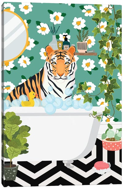 Tiger In Bathtub - Boho Bathroom Canvas Art Print - Jania Sharipzhanova