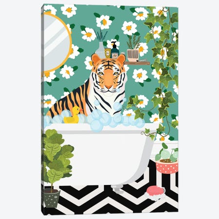 Tiger In Bathtub - Boho Bathroom Canvas Print #SHZ651} by Jania Sharipzhanova Art Print