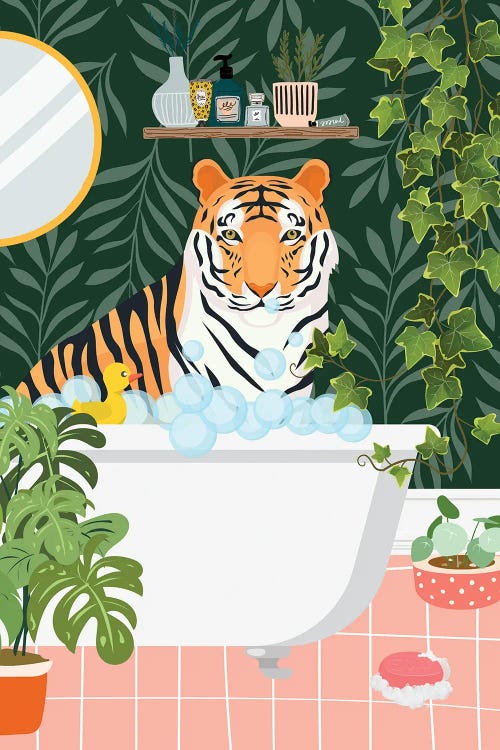 Tiger Taking A Bath In Botanical Bathroom