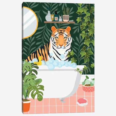 Tiger Taking A Bath In Botanical Bathroom Canvas Print #SHZ653} by Jania Sharipzhanova Canvas Art Print