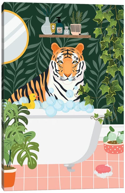 Tiger Taking A Bath In Botanical Bathroom Canvas Art Print - Jania Sharipzhanova