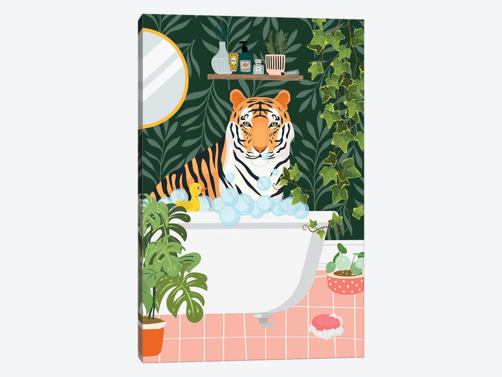 Tiger Taking A Bath In Botanical Bathroom by Jania Sharipzhanova 1-piece Canvas Art