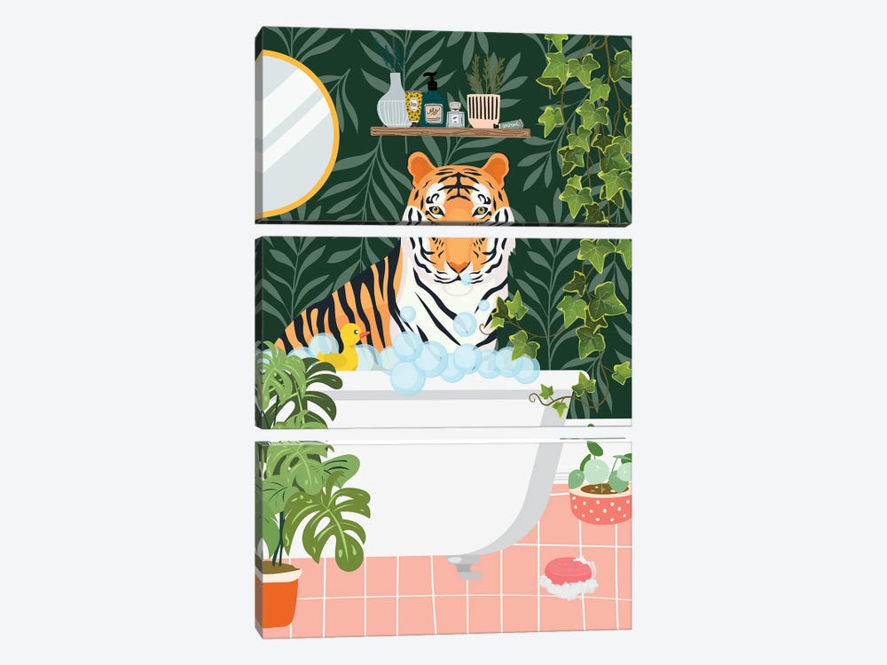 Tiger Taking A Bath In Botanical Bathroom by Jania Sharipzhanova 3-piece Canvas Art