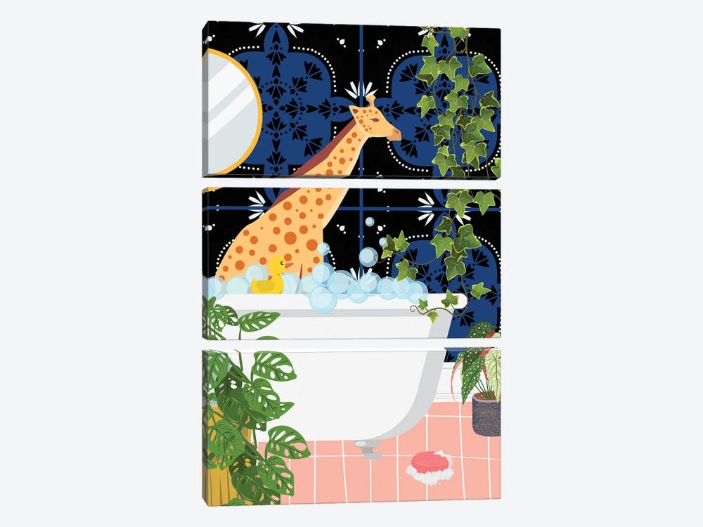 Giraffe Taking A Bath In Moroccan Style Bathroom by Jania Sharipzhanova 3-piece Canvas Print