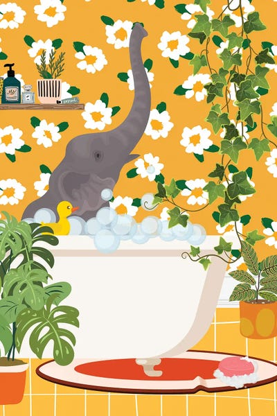 Baby Elephant In Bathtub - Botanical Bathroom by Jania Sharipzhanova canvas print