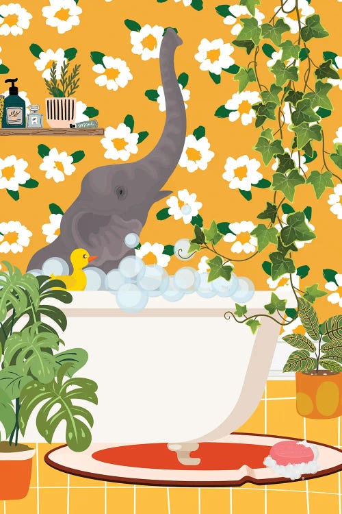 Baby Elephant In Bathtub - Botanical Bathroom