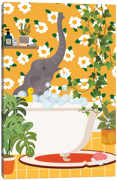 Baby Elephant In Bathtub - Botanical Bathroom Canvas Art Print - Jania Sharipzhanova
