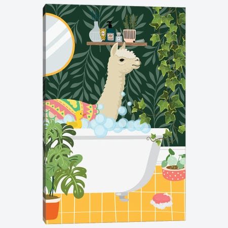 Llama Taking A Bath In My Bathroom Canvas Print #SHZ656} by Jania Sharipzhanova Canvas Wall Art