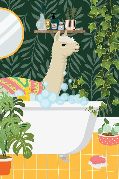 Jania Sharipzhanova: Llama Taking A Bath In My Bathroom by Jania Sharipzhanova